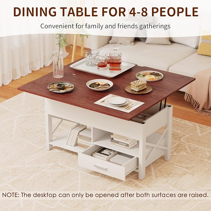 Lift Top Coffee Table with Storage, Convertible Coffee Table Converts to Dining Table, Center Table with Drawer and Hidden Compartment, Farmhouse Coffee Tables with Lifting Top for Living Room, White