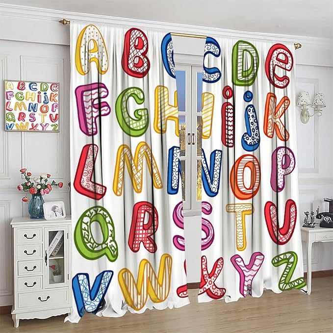 BAEKJIN Kids Educational Alphabet Curtains, Hand Drawn Colorful ABC Letters Pattern Print Decor Window Drapes for Bedroom Living Room 42x45 Inch