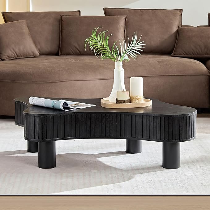 Coffee Table for Living Room, 42.52'' Modern Wooden Handcraft Drum Coffee Table Irregular Shaped Coffee Table,Small Coffee Table Side Table End Table with Sturdy Pedestal, Black