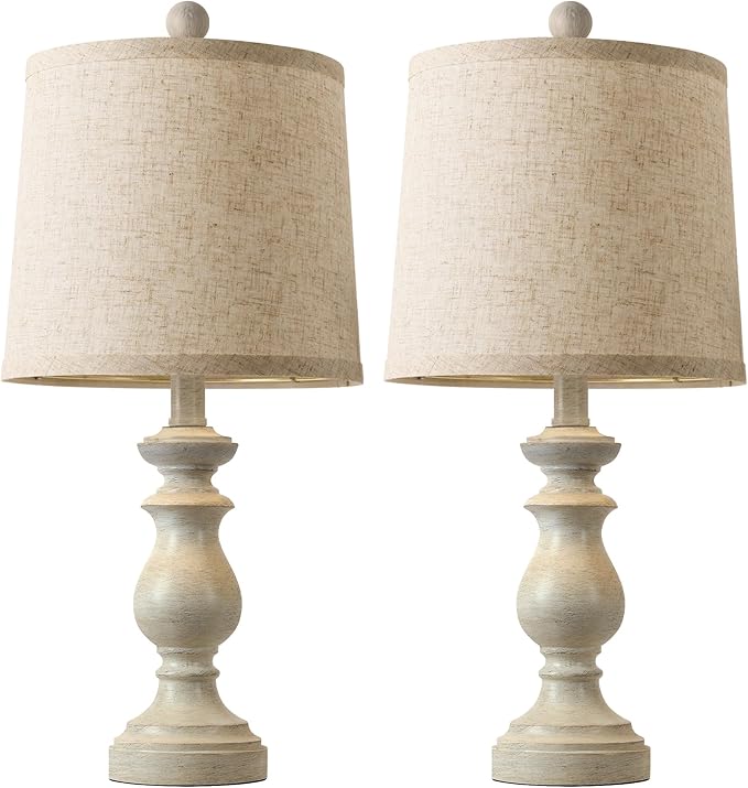 PARTPHONER Traditional Table Lamp Set of 2, Rustic Farmhouse Table Lamps for Living Room Bedroom, 22" Bedside Desk Lamps Vintage Nightstand Lamps with Linen Shades, Antique White
