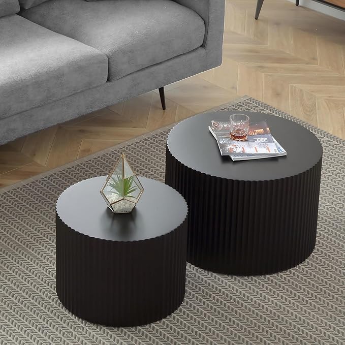KEVINSPACE Coffee Table Nesting Tables Set of 2, Modern Round Coffee Table, Small Wooden Circle Accent Tables for Small Spaces Living Room Bedroom Balcony Drum Side Table No Need Assembly Black