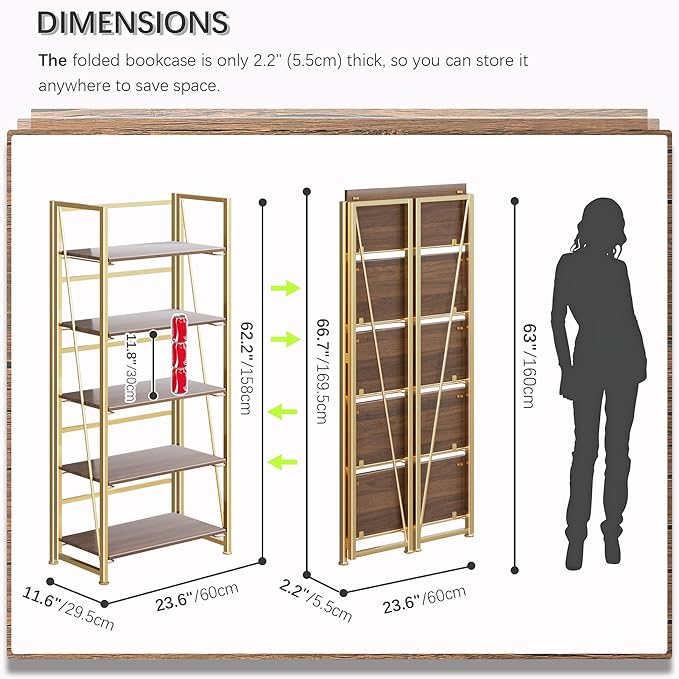 4NM No Assembly Folding Bookshelf, 5-Shelf 62.2" H Collapsible Foldable Bookcase Storage for Small Spaces, Brown and Golden