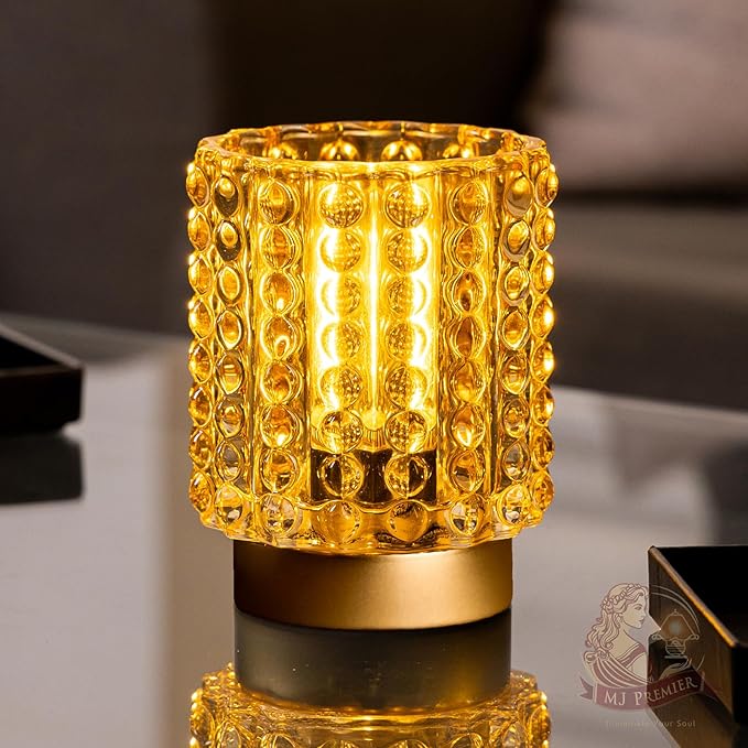 Battery Operated Lamp with Timer, Mini Crystal Table Lamps for Home Decor, Small Cordless Lamp for Areas No Outlets, Glass Battery Powered Lamps for Entryway, Bedroom, Bathroom, Shelf, Corner(Yellow)