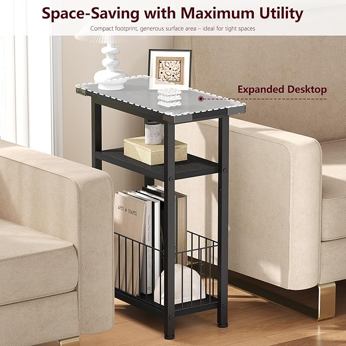 Heybly Small Narrow Side Table for Small Space, Thin Bedside Table with Storage Basket, Skinny End Table, 25.2" Tall Nightstand, Couch Table for Living Room, Bedroom, Study, Kitchen, Black, HET004BK1