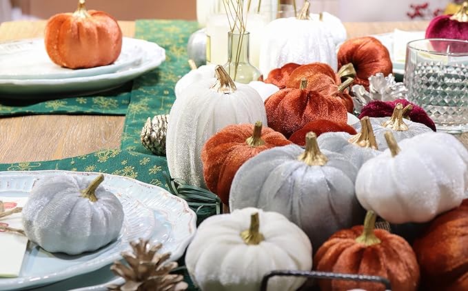 18 PCS Velvet Pumpkins for Fall Table Decor, Artificial Pumpkins, Faux Fake Pumpkin Home Decorations for Autumn Harvest, Thanksgiving, Wedding, Halloween, Table Centerpieces (Multi-Color Velvet)