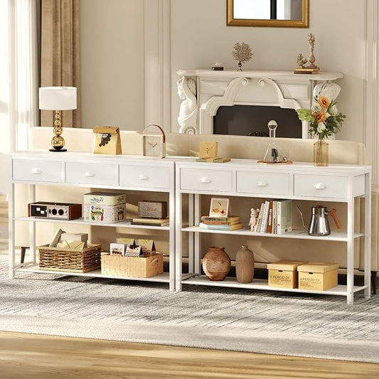 Furologee White Entryway Table, 38'' Console Sofa Table with 3 Fabric Drawers, Industrial Entry Way Table with Storage Shelves, Display Shelf for Living Room, Hallway, Entrance, Foyer