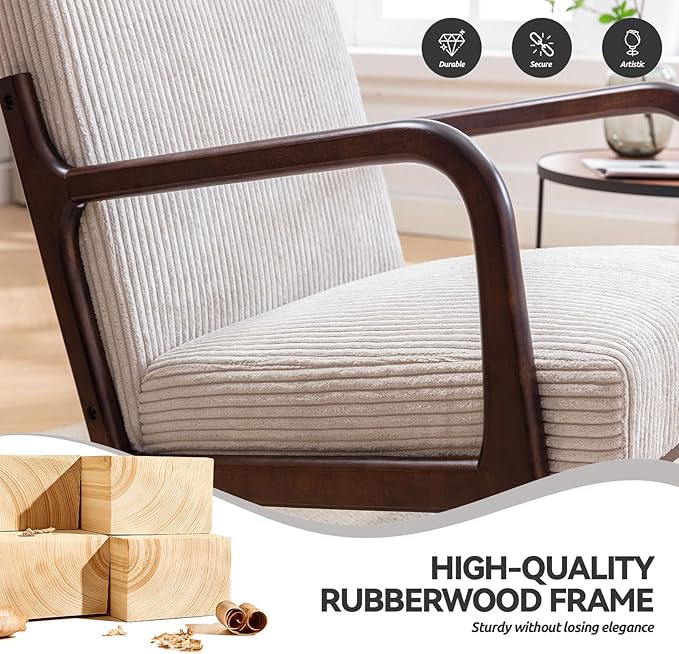 Mid Century Modern Accent Chair, Living Room Chairs with Pillow Upholstered Boho Arm Chiar Reading Chair with Solid Wood Frame & Corduroy Fabrics for Living Room Bedroom,White