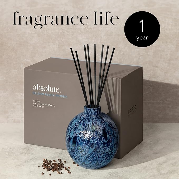 LAFCO New York Absolute Collection Reed Diffuser, Balsam Black Pepper - 15 oz - Up to 1 Year Fragrance Life - Reusable, Hand Blown Glass Vessel - Nylon Reeds - Made in The USA
