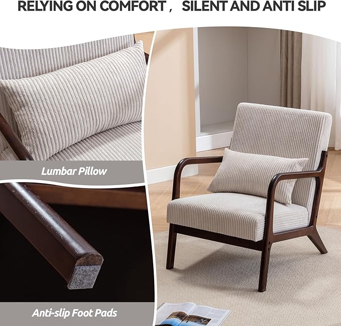 Mid Century Modern Accent Chairs Set of 2, Living Room Chairs Boho Armchair Set of 2 with Lumbar Pillow Solid Wood Frame & Corduroy Fabrics for Living Room Bedroom