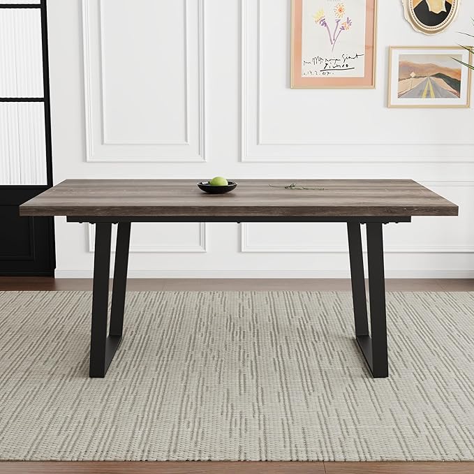 Modern Wooden Dining Table, 63'' Wooden Rectangle Table, Kitchen & Dining Room Table, Modern Kitchen Dining Table with Metal Legs for Living Room & Dining Room