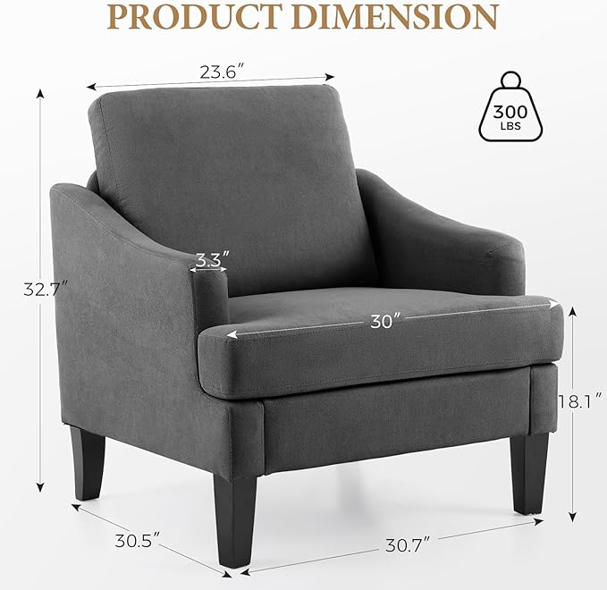 Bezseller Modern Accent Chair, Upholstered Reading Armchair with Wood Legs, Mid-Century Leisure Comfy Single Sofa Chair for Living Room, Bedroom, Home, Office, Dark Grey