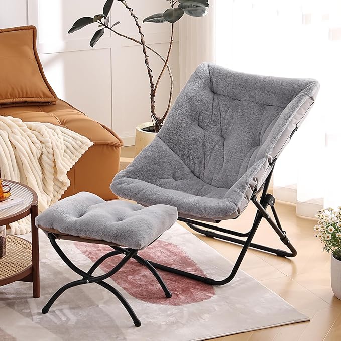 Comfy Folded Chair with Ottoman, Oversized Folding Faux Fur Chair Soft Furry Lounge Lazy Chair with Metal Frame Moon Chair Accent Chair for Bedroom, Living Room, Dorm Rooms