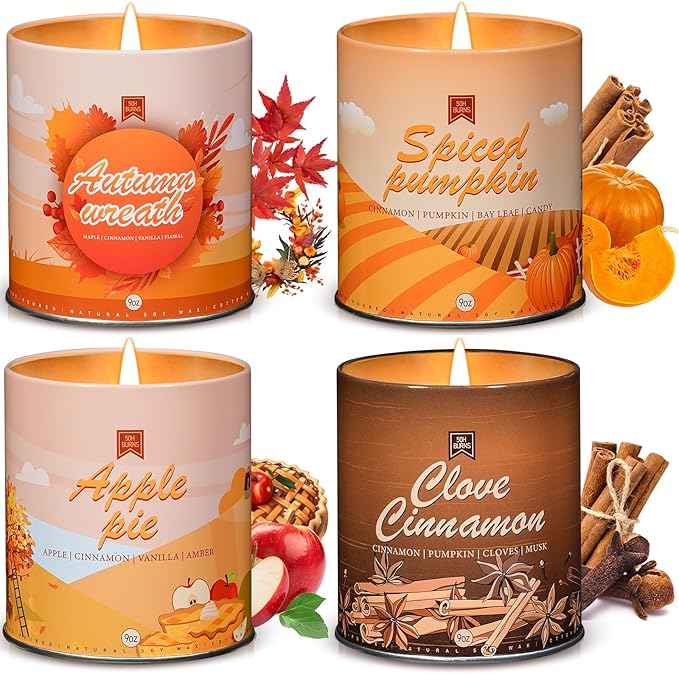 36oz Scented Fall Candles Set, 4Pack Aromatherapy Soy Wax Candles House Warming Halloween Birthday Gifts, Birthday Halloween Chirstmas Candles for Women Men 9oz Apple/Wreath/Cinnamon/Pumpkin Candle