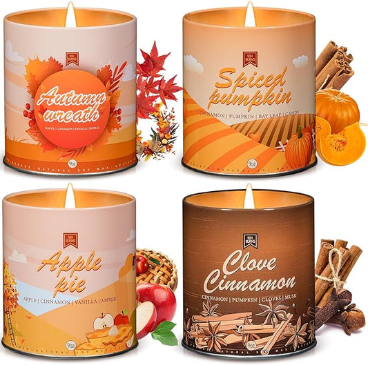 36oz Scented Fall Candles Set, 4Pack Aromatherapy Soy Wax Candles House Warming Halloween Birthday Gifts, Birthday Halloween Chirstmas Candles for Women Men 9oz Apple/Wreath/Cinnamon/Pumpkin Candle