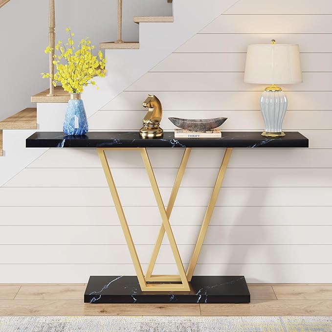 VANOMi Black Faux Marble Entryway Table, Modern Sofa & Console Table Narrow Side Table for Living Room, Entryway, Black