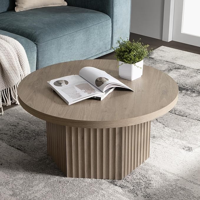 SICOTAS Round Coffee Table for Living Room, Modern Fluted Circle Center Coffee Table with Storage, 32" Accent Tea Dining Table for Apartment, Grey Alder