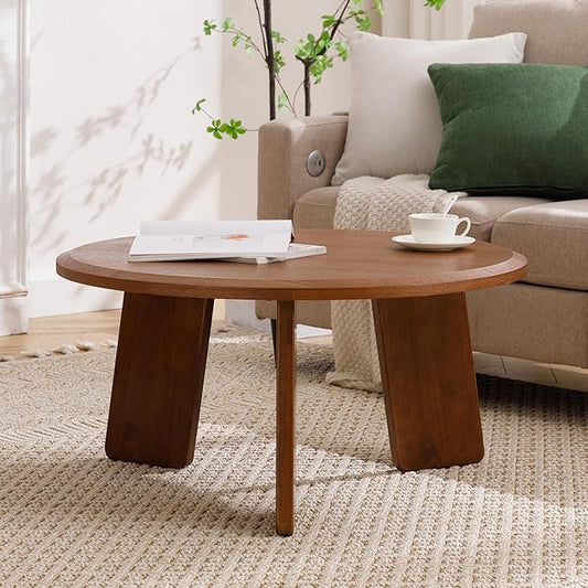 Mid Century Modern Coffee Table Wood Living Room Table Cute Round Coffee Table Center Table Side Table for Living Room Office Reception Room, Walnut