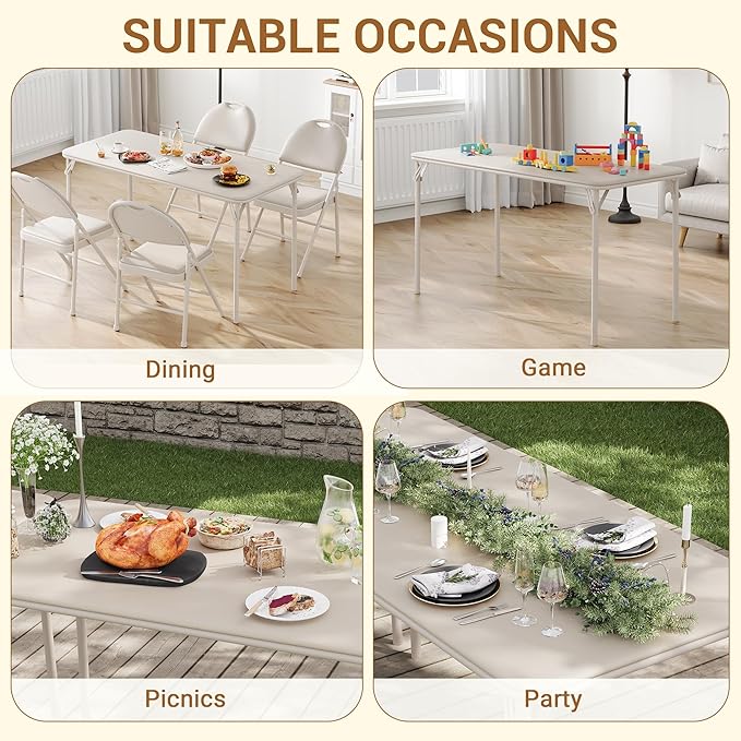 5-Piece Rectangle Folding Table and Chairs Set, Foldable Portable Card Table and Chairs, Scratch & Stain Resistant Tabletop, for Dining Room, Living Room, Office, Camping, Gatherings, Beige