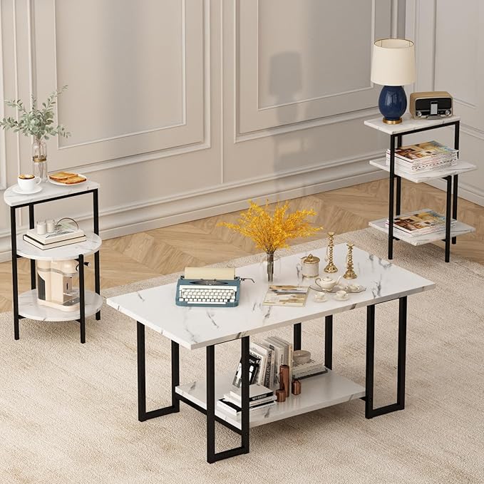 AWQM Faux Marble Table Set,Coffee Table & 2 Side Table, Faux Marble Tabletop and Metal Frame, 3 Piece Table Sets, for Living Room Apartment,White & Black