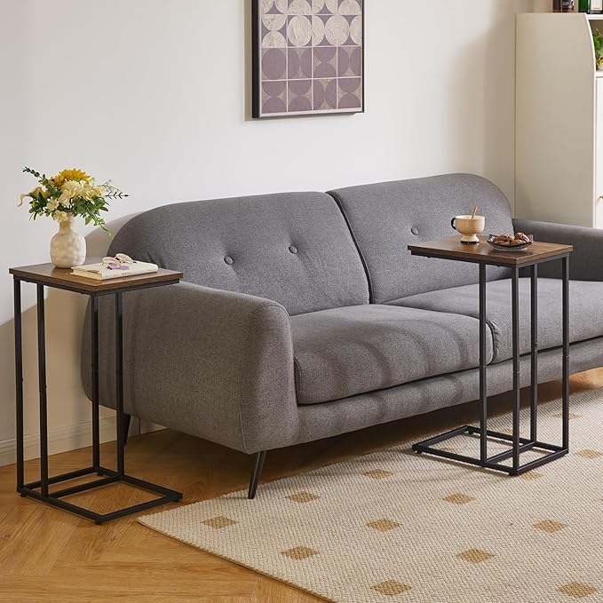 Side Table Small End Table C Shaped, Slide Under Laptop Desk for Couch, Living Room Side Table, TV Trays for Eating on Couch, Rustic Brown+Black YD-TM051HB-2