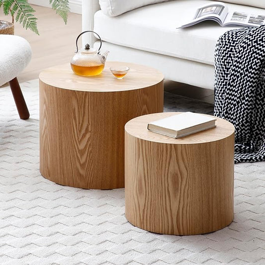 Nesting Coffee Table Set of 2, Modern Round Wooden Circle Accent Coffee Tables for Small Spaces Living Room Bedroom Balcony Office Drum Side Table