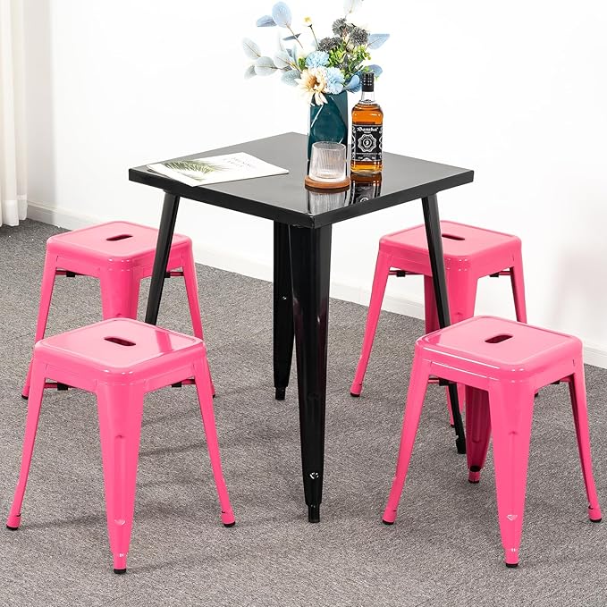 Brage Living 18 Inch Industrial Metal Stools Set of 4, Stackable Classroom Stools, Backless Metal Dining Chairs for Indoor Outdoor, Kitchen Short Stools (Hot Pink)