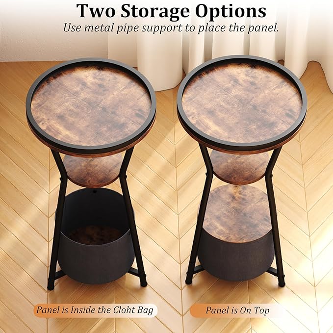 Yusong Round Side Table, Small Drink Table for Small Spaces, 3-Tier Industrial End Table, Accent Nightstand Bedside Table for Living Room, Bedroom, Sofa Couch, Rustic Brown