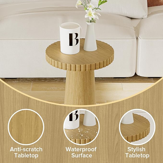 Pedestal End Table, Drink Table for Small Spaces, 10 x10 x 21.6 Wood Fluted Side Table Small Round End Table (1, Natural)