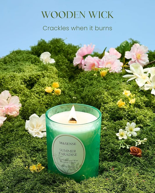 M&SENSE Summer Paradise Scented Candle, Cracking Wooden Wick Soy Wax, 18oz 100 Hours Long Lasting Clean Burn, Large Jar Candles for Home Decor, Non-Toxic Relaxing Aromatherapy Gifts for Women