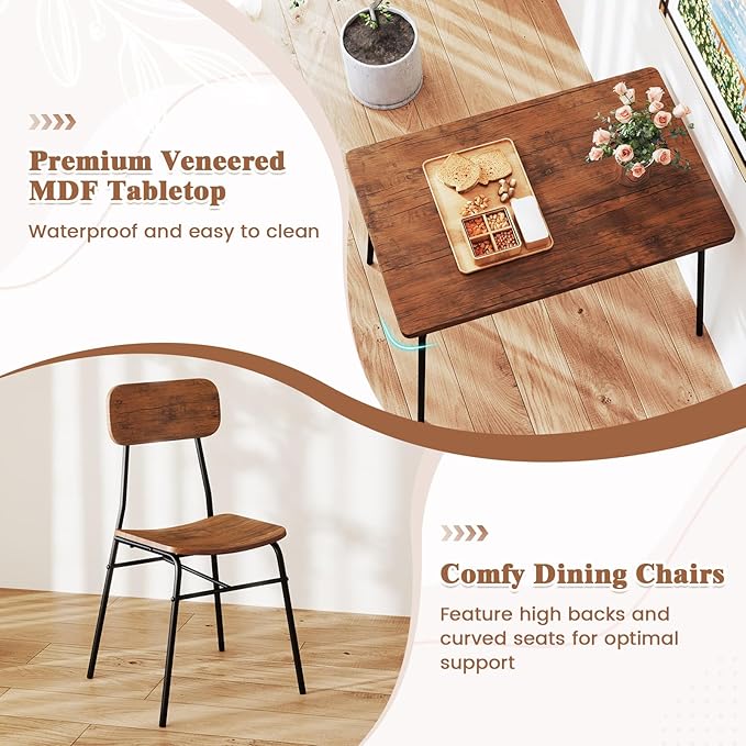 Tangkula Dining Table Set for 4, Square Kitchen Table & Chair Set w/Storage Rack, Metal Frame, Space-Saving Dinette Furniture Set with Bench for Breakfast Nook, Dining Room, Small Places