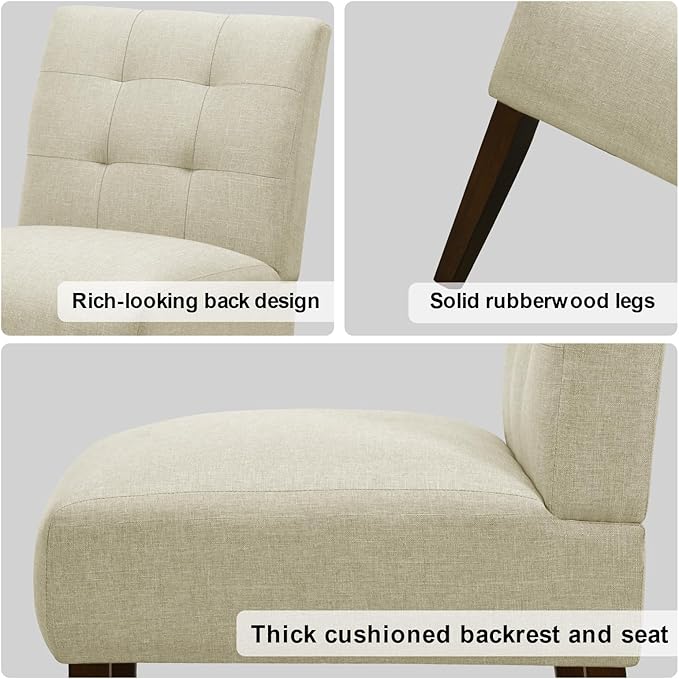 Slipper Accent Chair Modern Armless Lounge Chair with Wood Legs Upholstered Makeup Vanity Tufted Side Chair Fabric Comfy with Decor Back for Living Room Bedroom Patio (Pin Back, Beige)