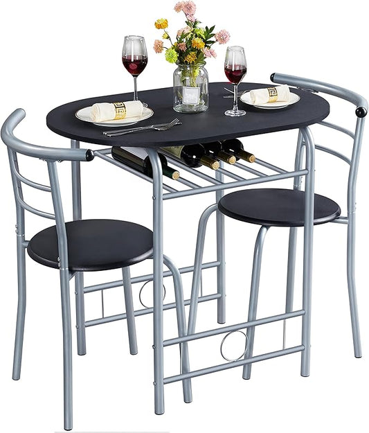 Yaheetech 3-Piece Dining Room Table Set, Kitchen Table & Chair Sets for 2, Compact Table Set w/Steel Legs, Built-in Wine Rack for Breakfast Nook, Small Space, Apartment, Black, 31.5x21x29" (LxWxH)