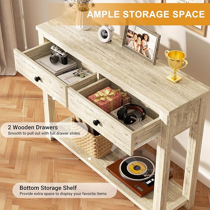 Homieasy Farmhouse Console Table with 2 Drawers, 32 Inch Small Sofa Table with Storage Shelf for Living Room, Behind Couch, Entryway Table for Hallway, Living Room, or Foyer, Light Rustic Oak
