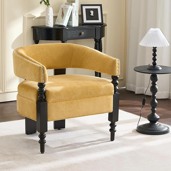 LOULENS Barrel Accent Chair, Vintage Chenille Upholstered Lounge Chair with Solid Wood Legs, Comfy Leisure Side Armchair for Living Room, Bedroom, Reading Nook, Corner, Yellow