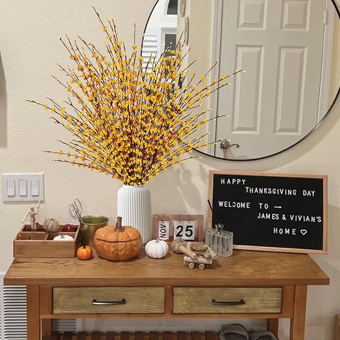 Sggvecsy 10 Pcs 29.5’’ Long Artificial Jasmine Flowers Tall Fake Flower Bouquet Faux Jasmine Plants Dry Branches for ThanksgivingAutumn Wedding Home Party Office Hotel Kitchen Decoration（Dark Yellow）