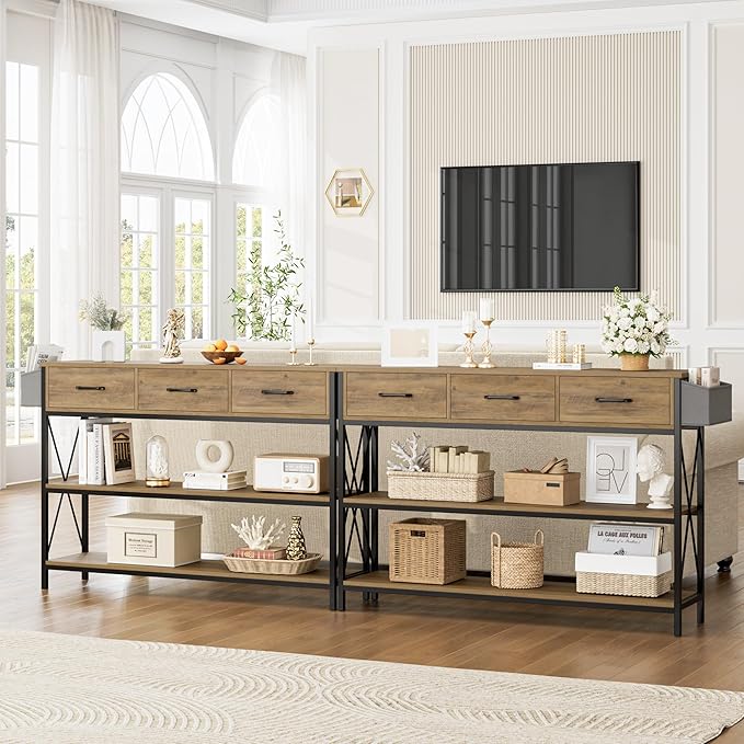 HITHOS 47.2" Console Table with 3 Drawers, Industrial Long Entryway Foyer Table with 3-Tier Storage Shelves, Narrow Sofa Hallway Table for Living Room, Entry Way, Kitchen, Rustic Brown