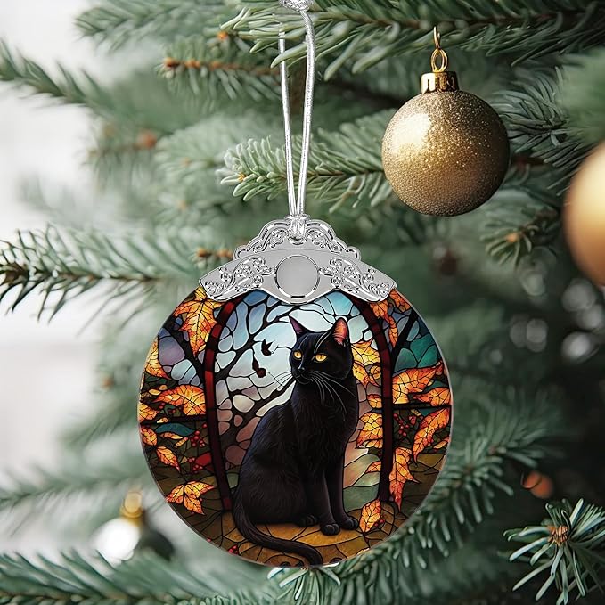Christmas Ornament, Stained Glass Ornament, Christmas Decorations for Tree, Holiday Ornament, Unique Gift Idea - Dark Night Black Cat