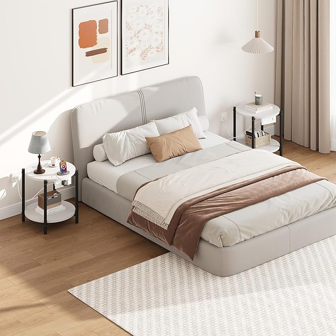 LIKIMIO Round End Tables, Set of 2, 16" W Small Round Side Tables with Charging Station, 2-Tier Modern Nightstands for Small Spaces, Living Room, Bedroom, White