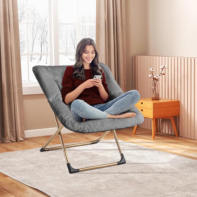 Comfy Oversized Saucer Chair, Soft Faux Fur Reading Lounge Chair for Adults, Stable X-Large Metal Frame and Non-Slip Pad, Foldable Cozy Chairs for Bedroom, Living Room, Dorm, Dark Gray