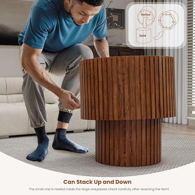 Round Nesting Coffee Table Set of 2 Handcraft Circle Fluted Nesting Coffee Tables Circular Side Table Drum Accent End Tables for Living Room Bedroom (Brown Large)