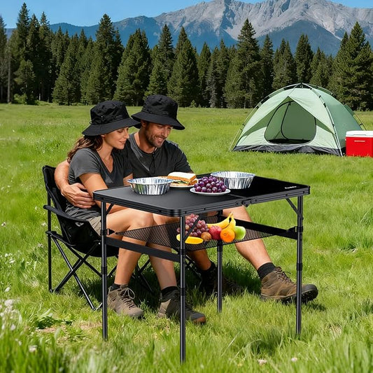 Anbte Folding Camping Table, 36" x 24" Portable Table Adjustable Height Max 28 inch Aluminum Folding Table with Storage Net, Lightweight, Portable Handle for Travel, Outdoor, Backyard (Black)