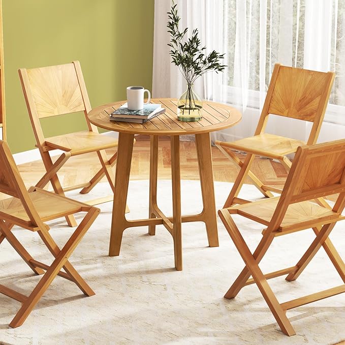Tangkula 31.5” Patio Dining Table, Round Teak Wood Dining Table w/Slatted Tabletop, X-Shaped Frame, 4 Sturdy Supporting Legs, Farmhouse Dining Furniture for Dining Room, Garden, Poolside