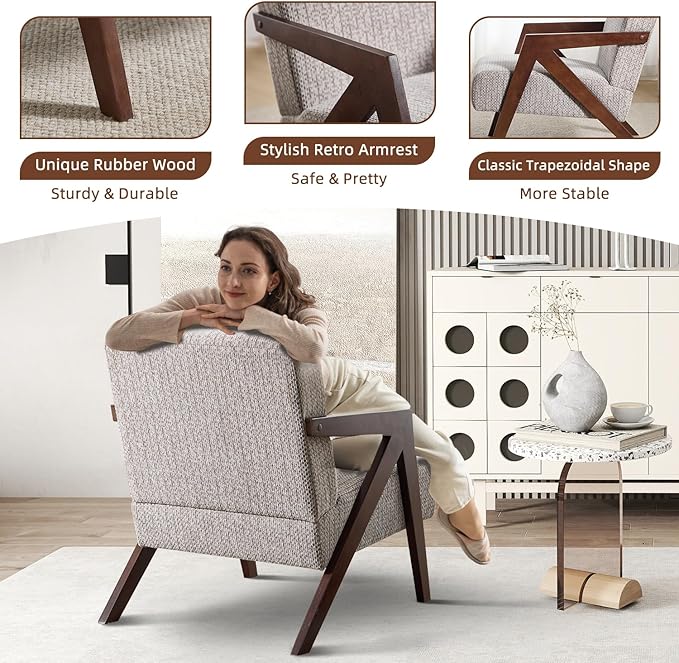 INZOY Mid Century Modern Accent Chair with Wood Frame, Upholstered Reading Armchair with Soft Linen Fabric, Accent Chair for Living Room Bedroom Apartment, Easy Assembly, Grey