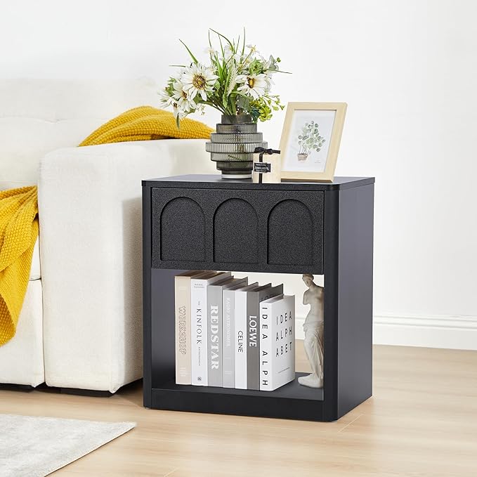 Nightstand Set of 2, 19.69" Wide Bedside Table with Arched Finish, Modern Night Stands with Curved Profile, Mid Century End Table for Bedroom Living Room (Black-2 Packs)