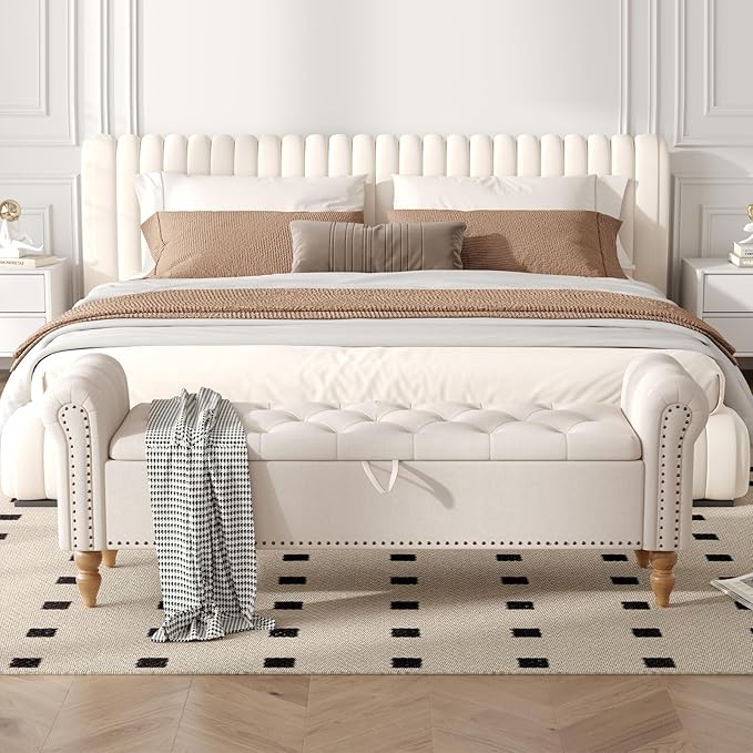 Furniliving 63” End of Bed Bench, Bedroom Bench with Button-Tufted, Large Upholstered Storage Ottoman Benches Entryway Bench with Storage Shoe Cabinet Bench, for Bedroom, Living Room, Linen, Beige