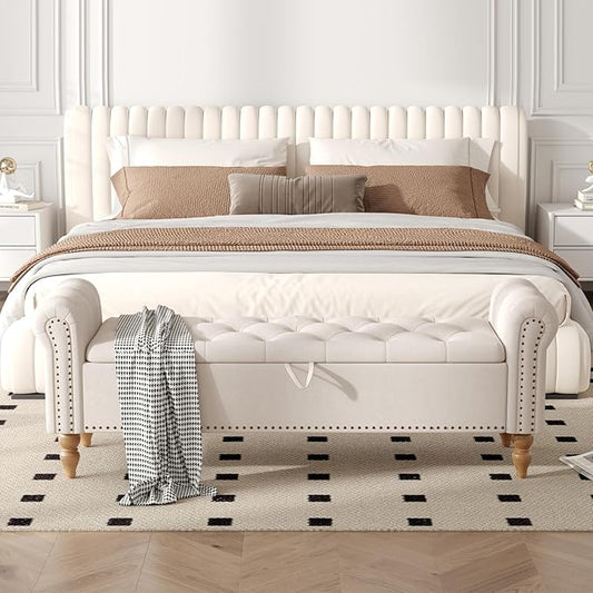Furniliving 63” End of Bed Bench, Bedroom Bench with Button-Tufted, Large Upholstered Storage Ottoman Benches Entryway Bench with Storage Shoe Cabinet Bench, for Bedroom, Living Room, Linen, Beige