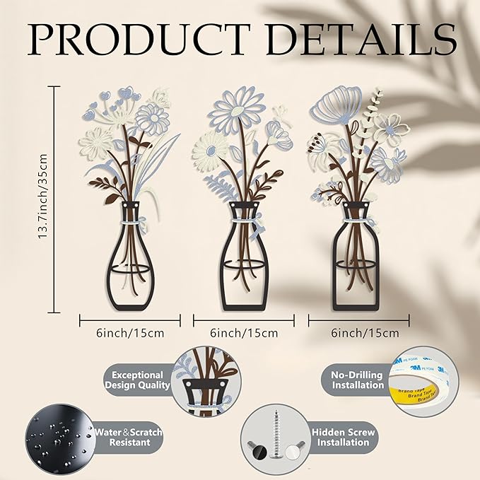 Iron Metal Vase Flower Wall Art Minimalist Black Floral Decor for Living Room Bedroom Kitchen, Office Garden - Modern Farmhouse Home Decor & Housewarming Gifts (Beige-Blue No Text)