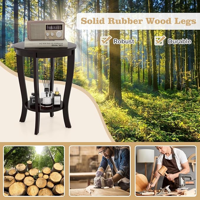 Giantex Round End Tables Set of 2, 2 Tier Side Table with Storage Shelf and Solid Wood Legs, 18" x 18" Accent Table for Corner Small Spaces, Compact Night Stand for Living Room Bedroom, Espresso