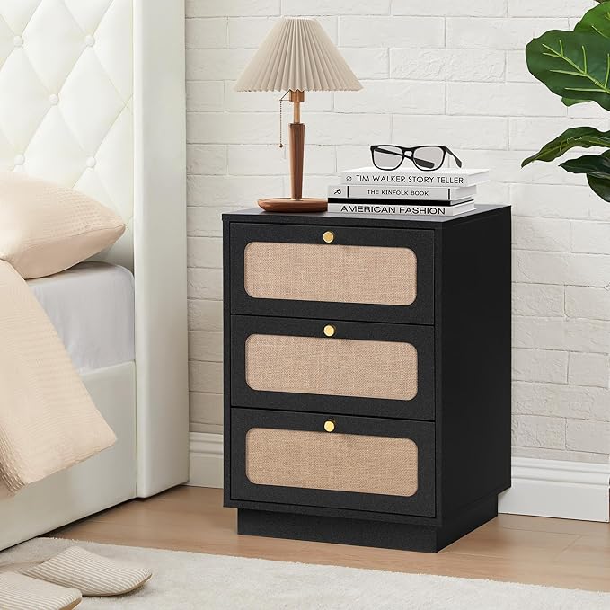 16 Inch Nightstand with 3 Drawer, Modern Wood Night Stand Storage with Linen Decor, Farmhouse Small Side Table for Sofa Couch, End Table for Bedside Bedroom, Living Room (Black)