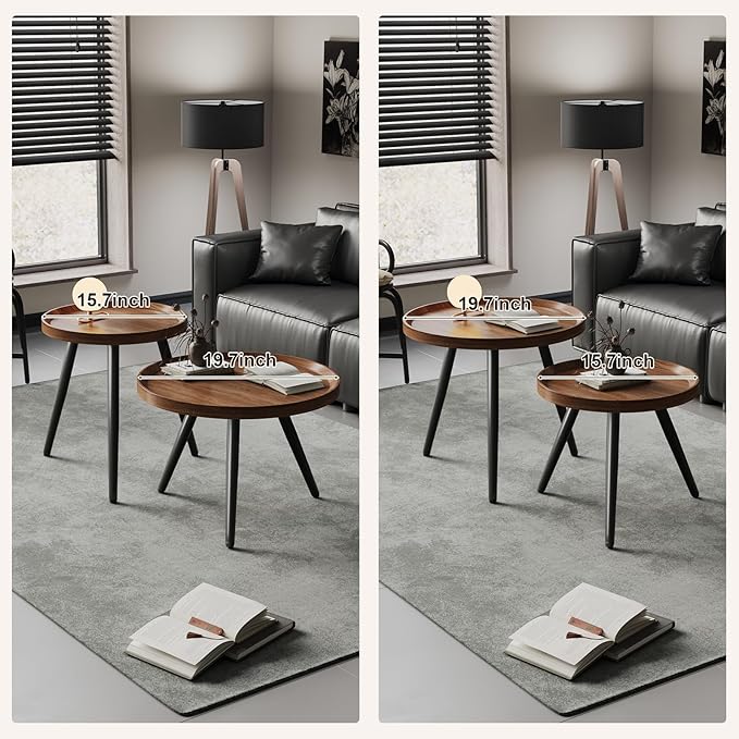 2 PCS Small Round Coffee Table Set, Mid Century Modern Coffee Tables for Living Room, Walnut Nesting Tables for Small Spaces, Easy Assembly Circle Wood Center Table,Black Nesting Coffee Table Set of 2
